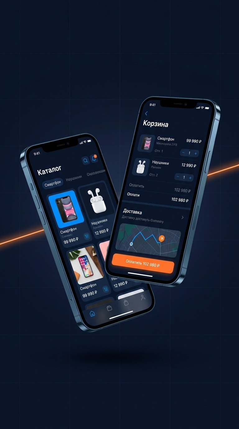 Каталог и корзина мобильного приложения на двух смартфонах